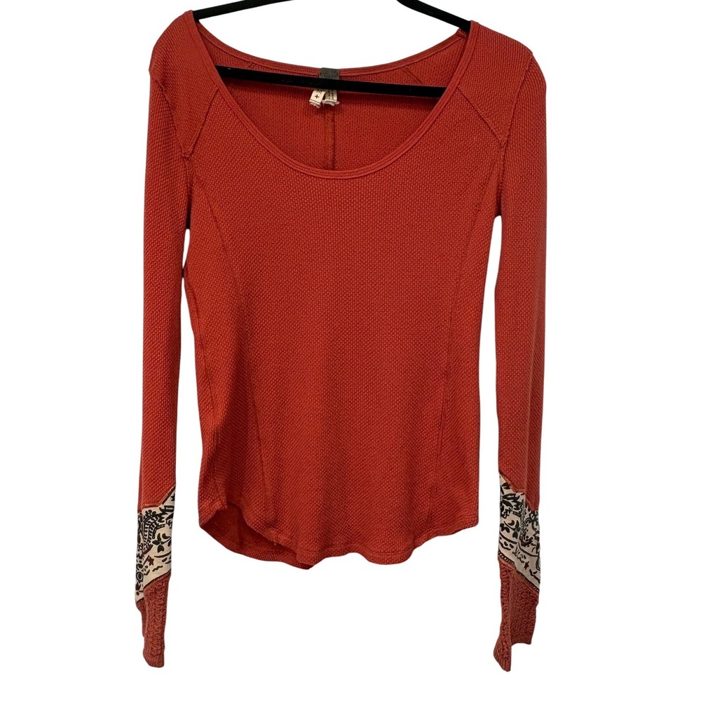 Free People We The Free Thermal Top Medium Orange Boho Shirt Embroidered Cuffs